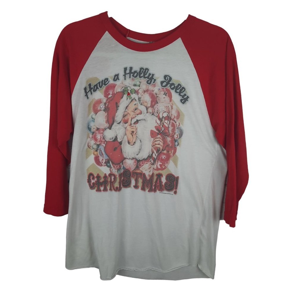 Have A Holly Jolly Christmas Santa Raglan Tee White Red